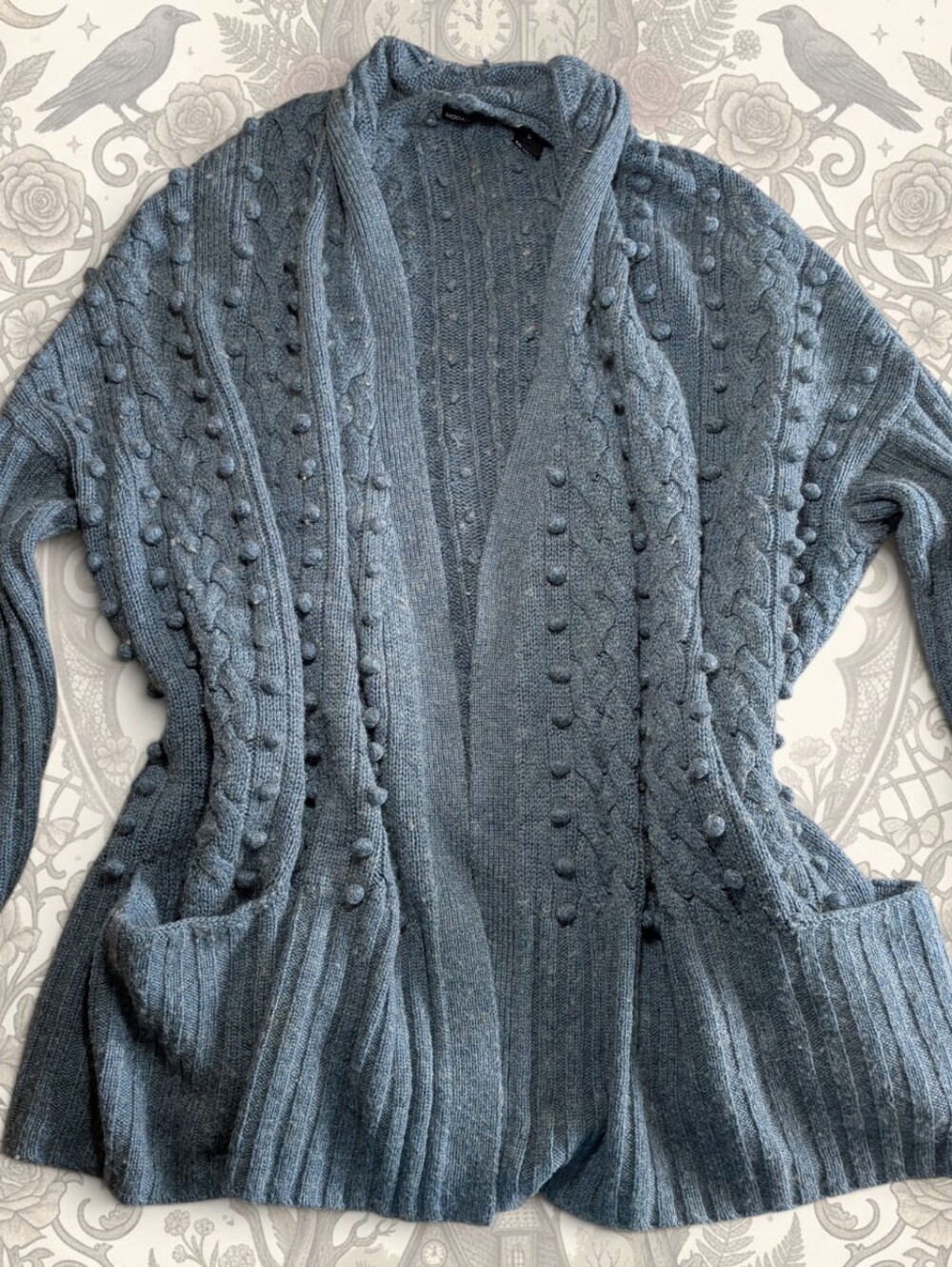 Vtg Moda International Chunky Wool Cable Knit Bobble Cardigan Sweater Blue L